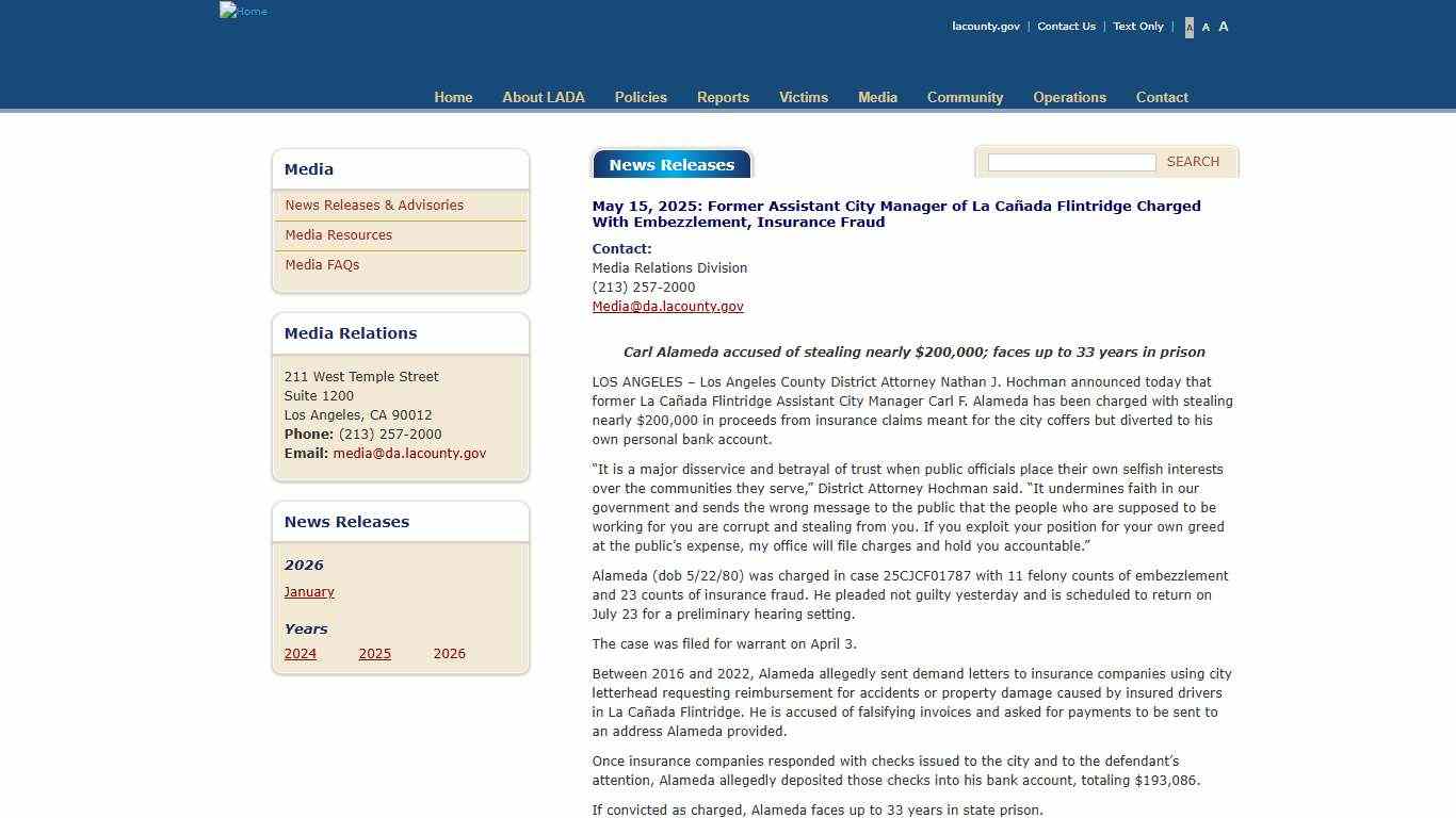 Former Assistant City Manager of La Cañada Flintridge Charged With Embezzlement, Insurance Fraud Los Angeles County District Attorney's Office