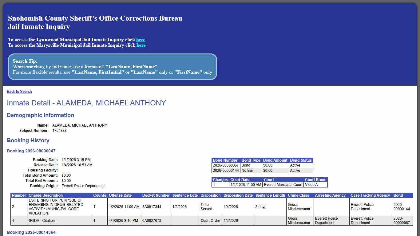 Inmate Detail - ALAMEDA, MICHAEL ANTHONY